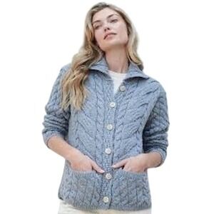 Aran Woollen Mills Super Soft Merino Wool Cardigan Gray B940 XS Made in Ireland